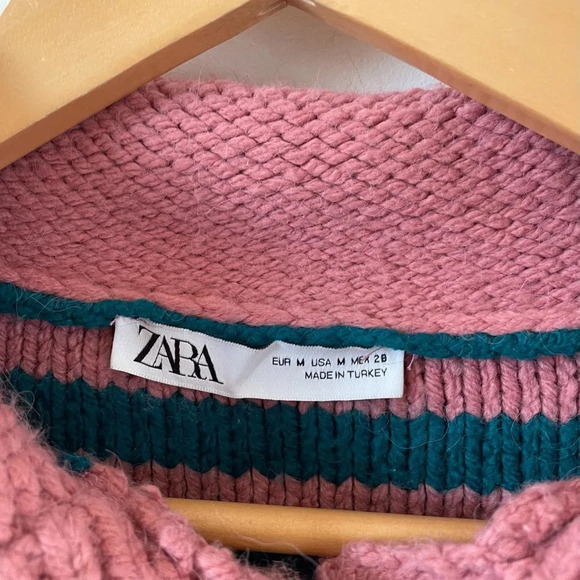 Zara Blogger Fave Striped Textured Knit Peter Pan Collared Sweater Pink & Teal M - Picture 8 of 10